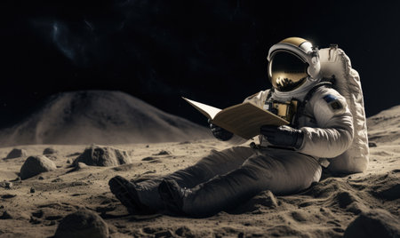 An astronaut sitting on the moon reading a bookの素材