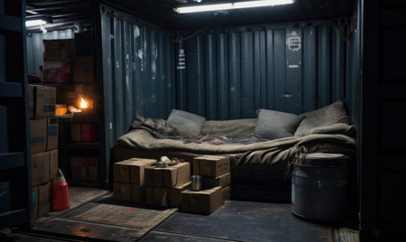 A room filled with boxes and a couchの素材