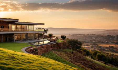 A house on a hill overlooking a lakeの素材