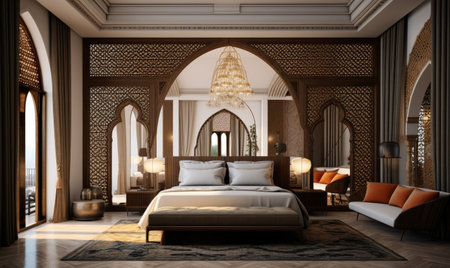 A bedroom with a bed, chairs, and a rugの素材