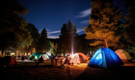 A group of people sitting around a campfireの素材