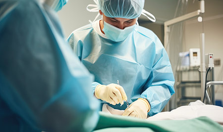 A surgeon operating on a patient in an operating roomの素材