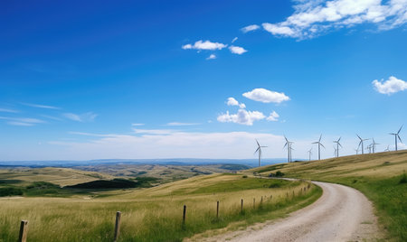 A field of grass with a bunch of windmills in the distanceの素材