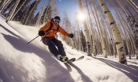 A man riding skis down a snow covered slopeの素材