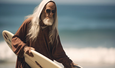 A painting of a man with a long white beard riding a surfboardの素材