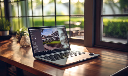 A laptop computer sitting on top of a wooden tableの素材