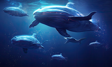 Majestic blue whales gracefully swim through the vast ocean waters. designeの素材