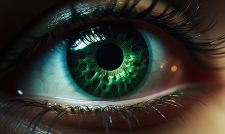 A close up of an eye with a green irisの素材