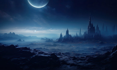 Gazing from the edge of the world, immerse yourself in the enchanting blend of the starry sky and city panorama.   designeの素材