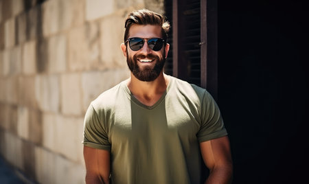 The bearded and charismatic man sports a pair of sunglasses, his smile brightening the scene.   designeの素材