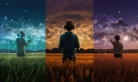 A man standing in a field under a cloudy skyの素材