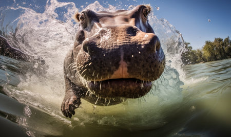 Capture the beauty of a submerged hippopotamus in an enchanting underwater photograph.の素材