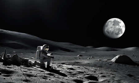 Explore the future with a captivating image of people living on the moon, showing a visionary concept of lunar colonization.の素材