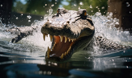 The underwater photography showcased the impressive agility of the crocodile as it soared through the air before disappearing beneath the water's surface. design designの素材