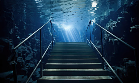 The steps disappeared into the deep waters, enticing the adventurous souls to explore the hidden depths.   designeの素材