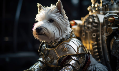 A small white dog wearing a armor outfitの素材