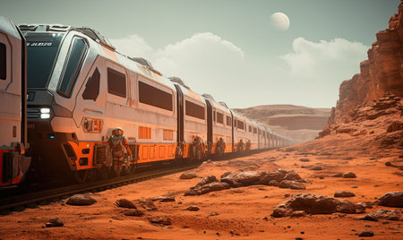 A train traveling through a desert under a cloudy skyの素材