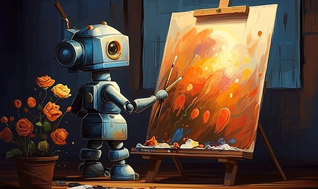 A robot painting a picture on an easelの素材