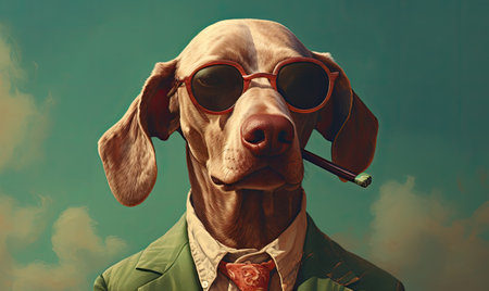 A dog wearing sunglasses and a suit smoking a pipeの素材