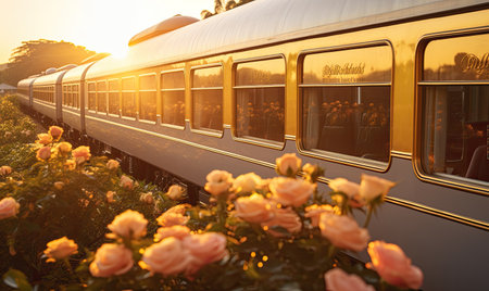 A train traveling down train tracks next to a lush green fieldの素材