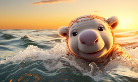 A close up of a stuffed animal in the waterの素材