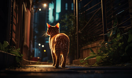 A cat walking down a street at nightの素材