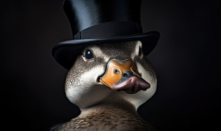 A close up of a duck wearing a top hatの素材