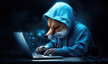 A fox in a hoodie is typing on a laptopの素材