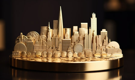 A stunning display: a city in miniature, adorned with gold coins. designeの素材