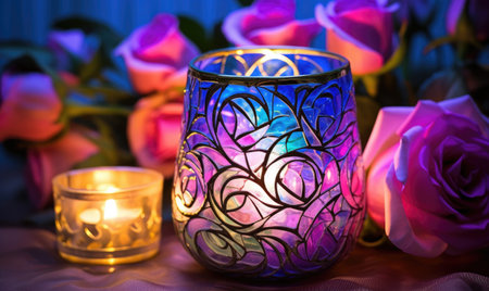 The arrangement features beautiful blue and purple glass alongside delicate roses. designeの素材