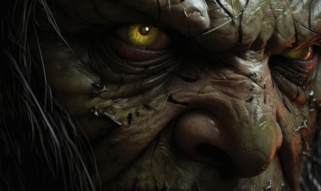 A close up of the face of a creature with yellow eyesの素材