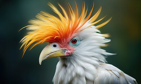 A close up of a bird with a very colorful hairの素材
