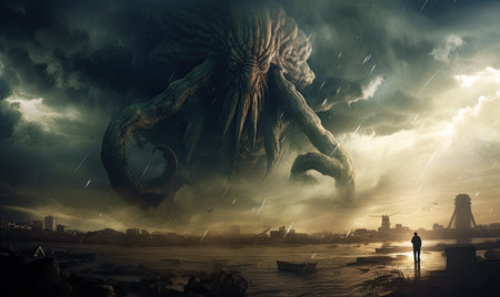 A man standing in front of a giant octopusの素材