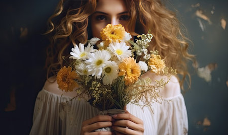 The enchanting portrait showcases the harmonious blend of a beautiful woman and blooming flowers.   designeの素材