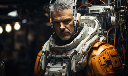 In a display of futuristic technology, the cyborg pilot confidently poses alongside the advanced robot machine.   designeの素材