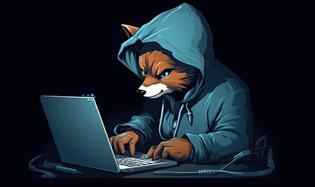 A cat wearing a hoodie using a laptop computerの素材