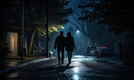 A serene evening walk for the couple amidst the darkness.   designeの素材