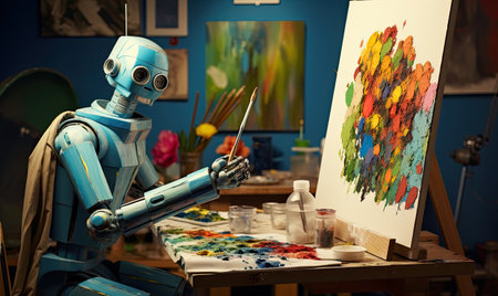A robot painting a picture on a easelの素材