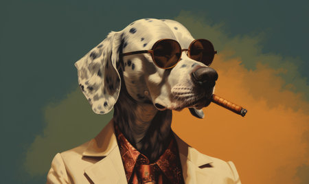 A dog wearing sunglasses and a suit smoking a cigaretteの素材