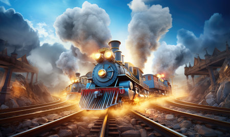 A painting of a train coming down the tracksの素材