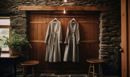 Two coats hanging on a wall in a roomの素材