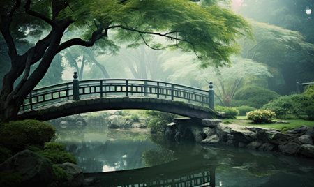 A bridge over a small pond in a parkの素材