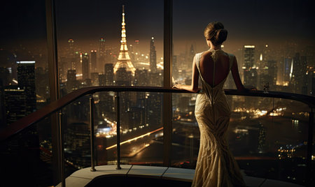 A woman standing on a balcony overlooking a city at nightの素材