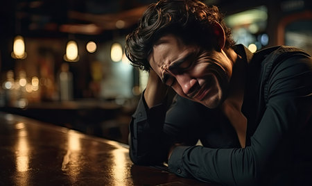 A man sitting at a table with a glass of alcoholの素材