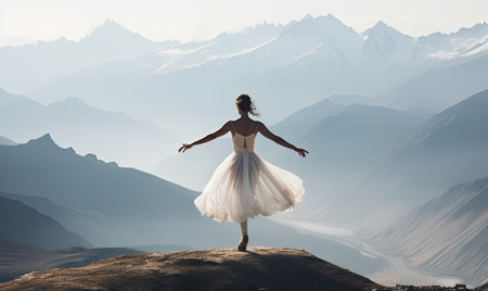 A woman in a white dress standing on a mountainの素材