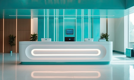 A reception area with a white counter and blue wallsの素材