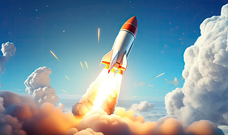 A rocket launching into the sky with cloudsの素材
