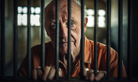 A man in a jail cell looking at the cameraの素材
