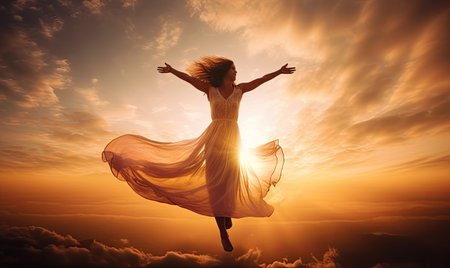 A woman in a white dress is standing in the waterの素材