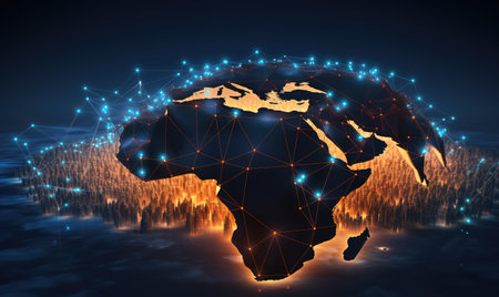 A cityscape with a world map in the backgroundの素材